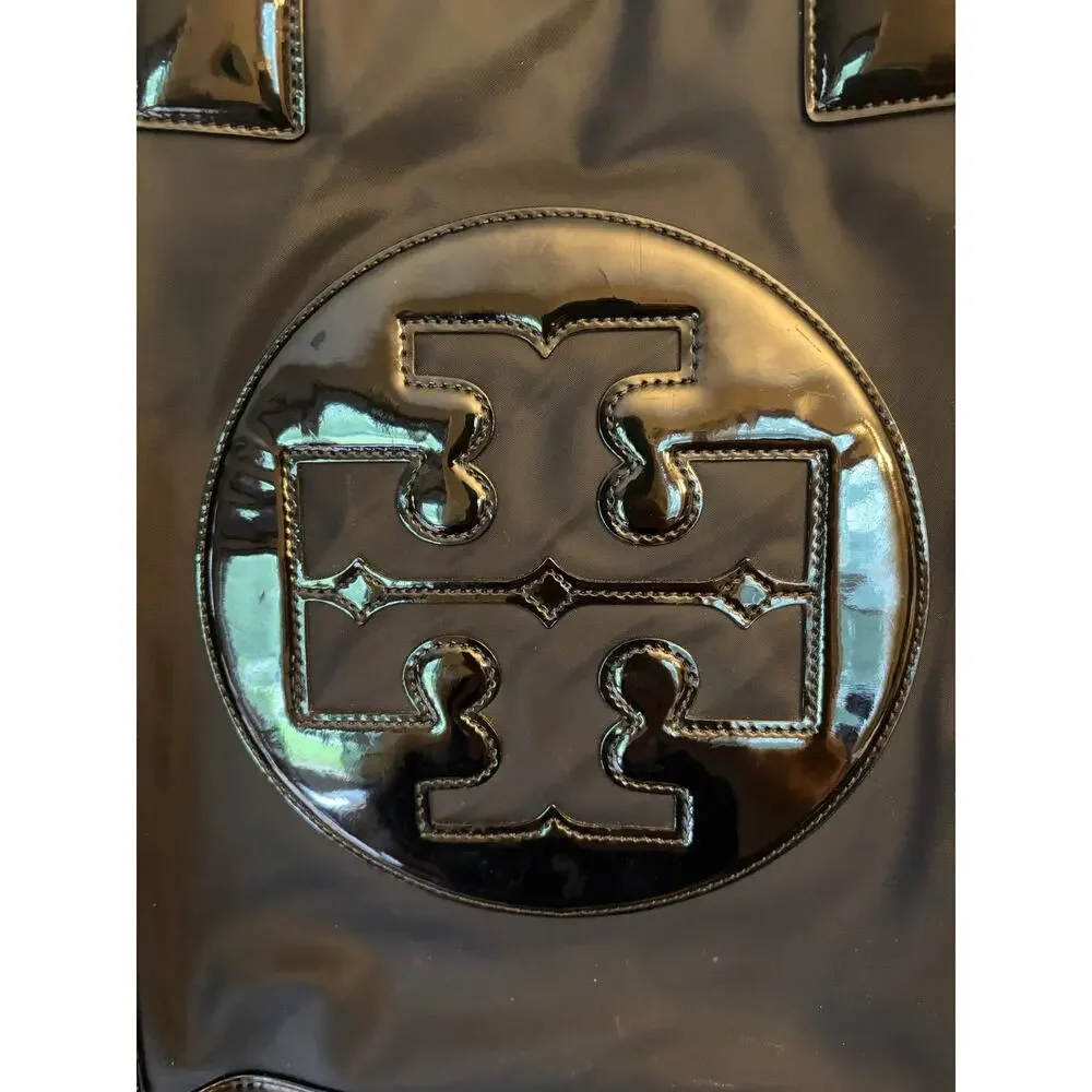 Tory Burch Ella Large Black Nylon Patent Logo Tote Bag Spacious Everyday